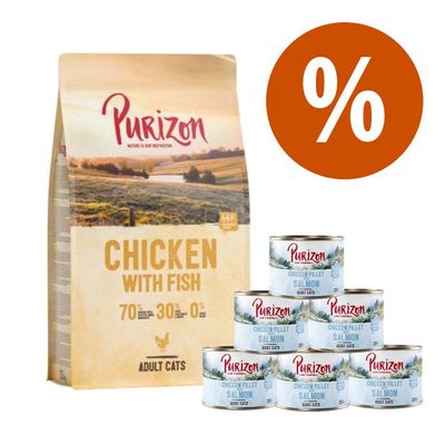 Pakiet Purizon karma sucha 2,5 kg + karma mokra Adult, filet z kurczaka z łososiem, 6 x 200 g