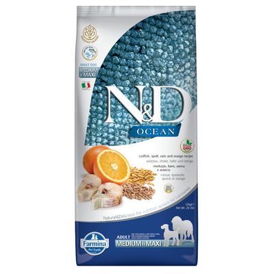 Farmina N&D Ocean Adult Medium & Maxi, dorsz ze zbożami i pomarańczą