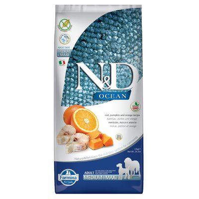 Farmina N&D Ocean Medium & Maxi bez zbóż, dorsz z dynią i pomarańczą