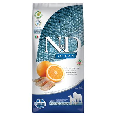 Farmina N&D Ocean Adult Medium & Maxi bez zbóż, śledź z dynią i pomarańczą