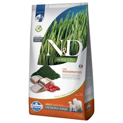 N&D Dog Spirulina Adult Medium/Maxi, śledź