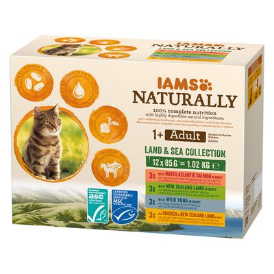 36 + 12 gratis! IAMS Naturally, karma mokra, 48 x 85 g