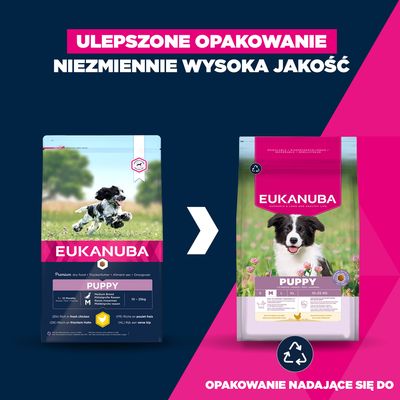 Eukanuba Premium Nutrition: Puppy Medium Breed, kurczak + Adult Medium Breed, kurczak, 100 g gratis!
