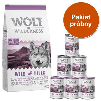 Pakiet próbny Wolf of Wilderness, karma sucha i mokra, 12 kg + 6 x 400 g