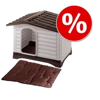 Zestaw: Buda dla psa Ferplast Dogvilla z tworzywa sztucznego +  Poduszka Ferplast Jolly, brązowa