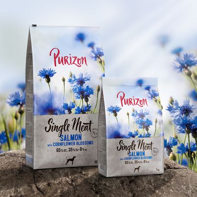 Purizon Single Meat Adult, łosoś ze szpinakiem i kwiatami chabru